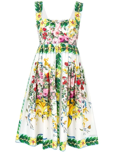 Dolce & Gabbana Floral-print Gathered-skirt Cotton-poplin Dress In Multicolor