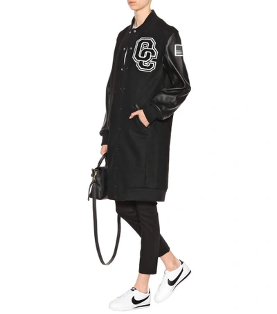 Shop Opening Ceremony Varsity Long Leather And Wool-blend Coat In Llack Multi