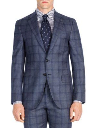Shop Isaia Windowpane Wool Suit In Navy