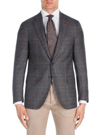 Shop Isaia Contrast Windowpane Wool Sportcoat In Dark Brown