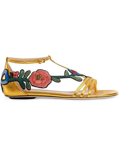 Shop Gucci Embroidered Metallic Leather Sandal - Yellow