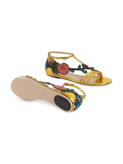 Shop Gucci Embroidered Metallic Leather Sandal - Yellow