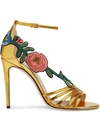 Gucci Embroidered Metallic Leather Mid-heel Sandal In Yellow