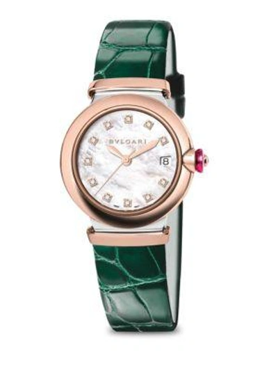 Shop Bvlgari Lvcea Diamond, Mother-of-pearl & Green Alligator Strap Watch