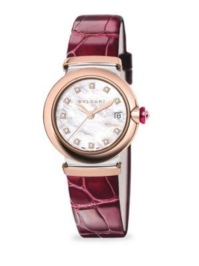 Shop Bvlgari Women's Lvcea Diamond, Mother-of-pearl & Burgundy Alligator Strap Watch In Bordeaux