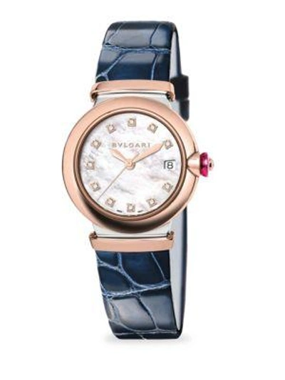 Shop Bvlgari Lvcea Two-tone Diamond, Mother-of-pearl & Blue Alligator Strap Watch