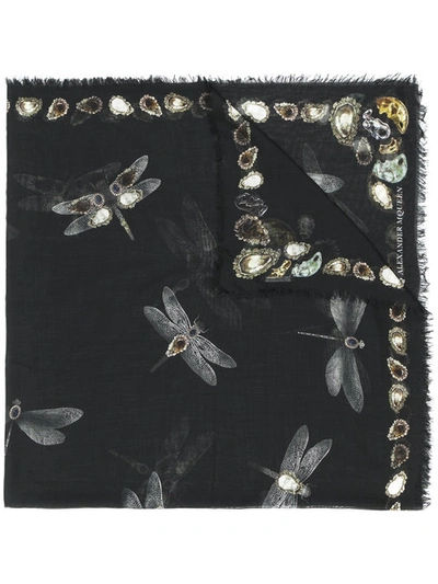 Alexander Mcqueen Dragonfly Printed Silk Blend Scarf In Black