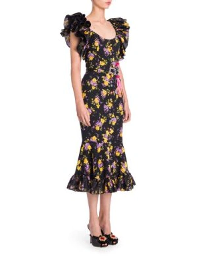 Shop Dolce & Gabbana Floral Ruffle Dress In Black-purple-floral