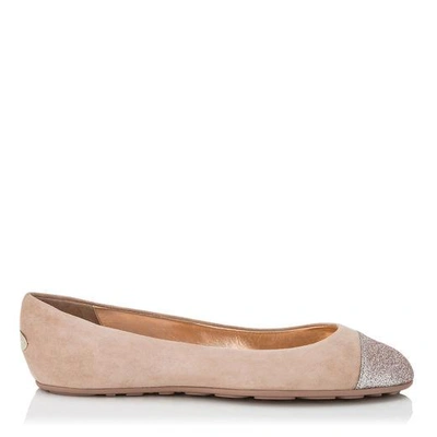 Shop Jimmy Choo Gaze Flat Ballet Pink Suede Ballerina Flats With Tea Rose Fine Glitter Toe Cap Detail In Ballet Pink/tea Rose