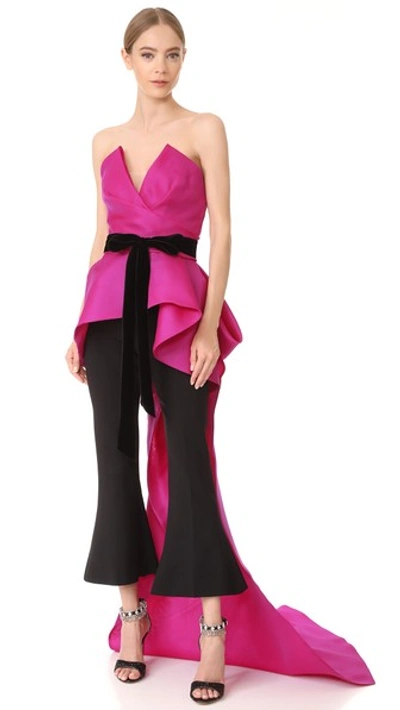 Monique Lhuillier Strapless Peplum Top With Velvet Ribbon, Bright Pink/black In Orchid