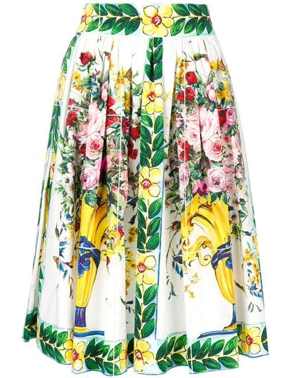 Dolce & Gabbana Bouquet Printed Cotton Poplin Midi Skirt In Multicoloured