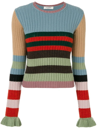 Valentino Striped Fluted-cuff Ribbed-knit Wool Sweater In Multicolor