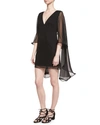 MILLY SILK CHIFFON V-NECK CAPE DRESS, BLACK