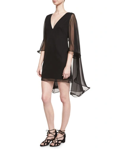 Milly Silk Chiffon V-neck Cape Dress, Black