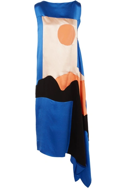 Roksanda Nakato Hammered-silk, Satin And Crepe De Chine Midi Dress In Blue/ Black/ Blush/ Apricot