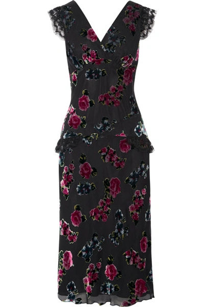 Shop Anna Sui Lace-trimmed Floral-print Devoré-chiffon Midi Dress In Black