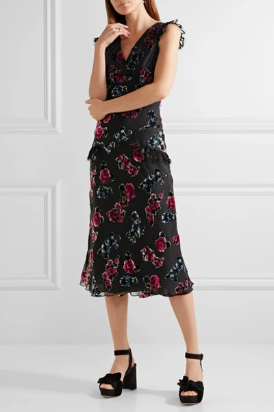 Shop Anna Sui Lace-trimmed Floral-print Devoré-chiffon Midi Dress In Black