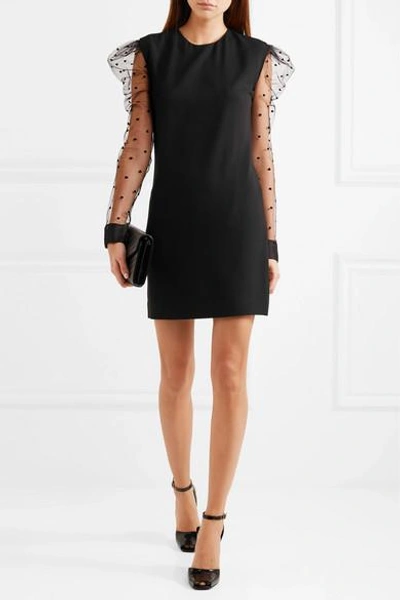 Shop Saint Laurent Flocked Tulle-paneled Crepe Mini Dress In Black