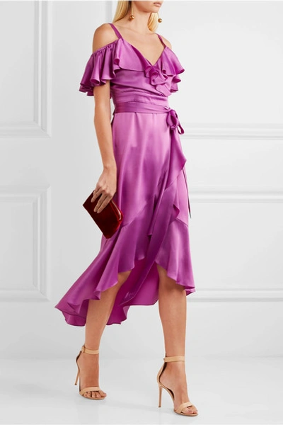 Shop Temperley London Carnation Cold-shoulder Ruffled Satin Midi Dress