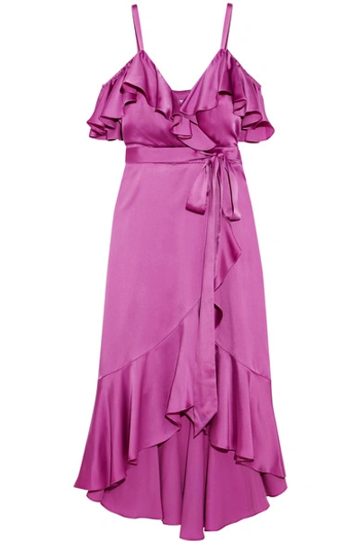 Shop Temperley London Carnation Cold-shoulder Ruffled Satin Midi Dress