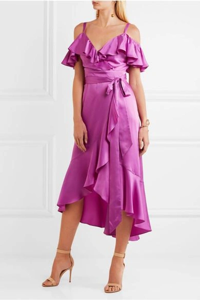 Shop Temperley London Carnation Cold-shoulder Ruffled Satin Midi Dress