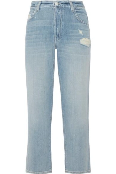 Shop J Brand Ivy Cropped Distressed High-rise Straight-leg Jeans In Mid Denim