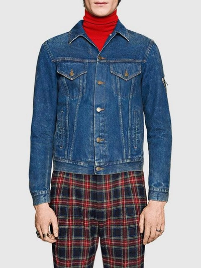 Shop Gucci Denim Jacket With Embroideries In 4395 Blu
