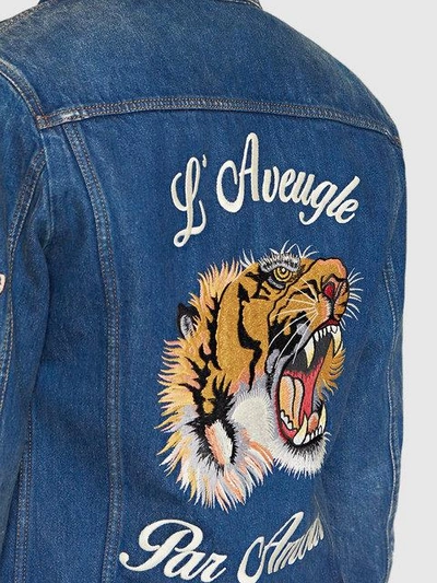 Shop Gucci Denim Jacket With Embroideries In 4395 Blu
