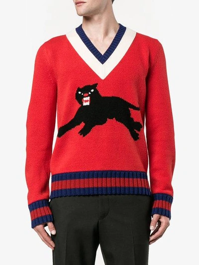 Gucci Wool Sweater With Panther Intarsia In Red | ModeSens