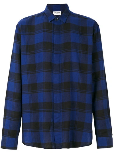 Saint Laurent Distressed Checked Cotton-flannel Shirt In Blue