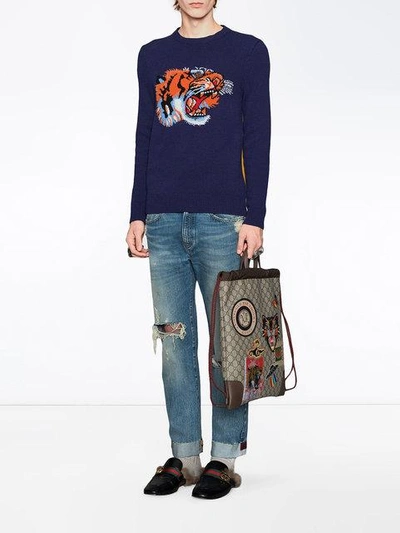 Gucci Tiger Intarsia Sweater - Blue Sweaters, Clothing - GUC299001