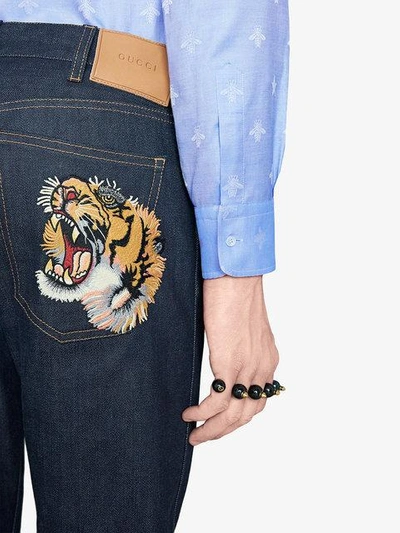 Shop Gucci Stretch Denim Slim Pant With Tiger In Blue