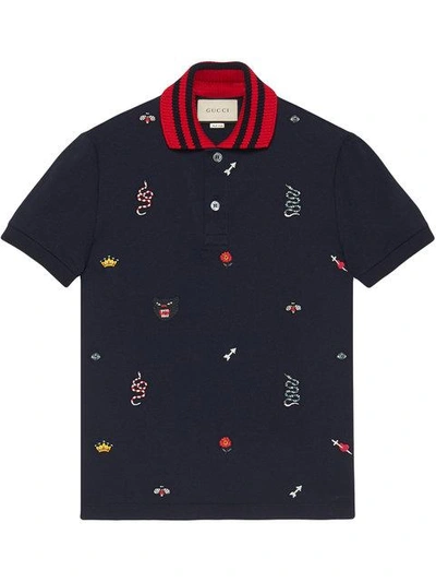 Shop Gucci Cotton Polo With Embroideries  In 4033 Blu