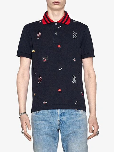 Shop Gucci Cotton Polo With Embroideries  In 4033 Blu