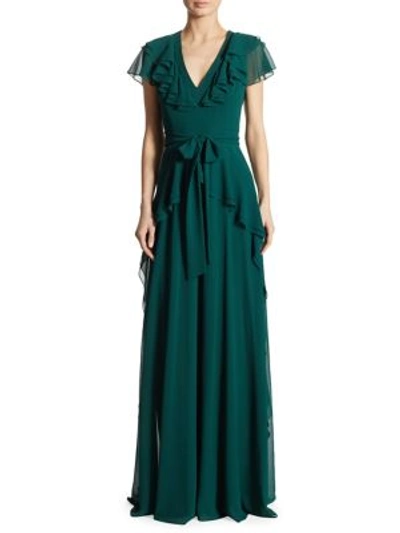 Badgley Mischka Ruffled Georgette Gown In Dark Emerald