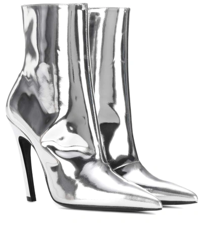 Balenciaga Slash Heel Leather Ankle Boots In Silver