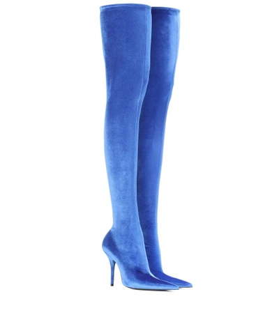 Balenciaga Knife Velvet Over-the-knee Boots In Blue