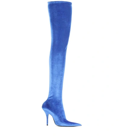 Shop Balenciaga Knife Velvet Over-the-knee Boots In Blue