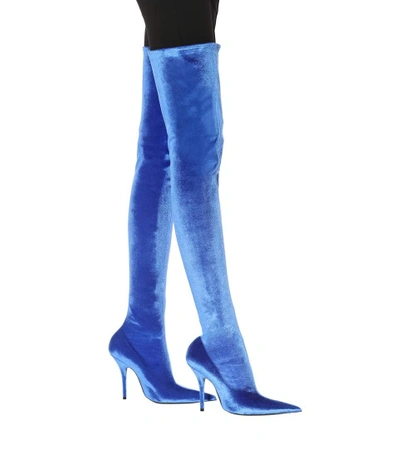 Shop Balenciaga Knife Velvet Over-the-knee Boots In Blue