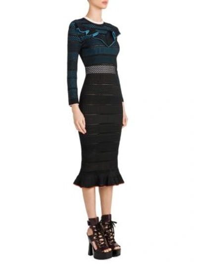 Shop Versace Ruffled Ladder-stitch Midi Dress In Blue-black Multi
