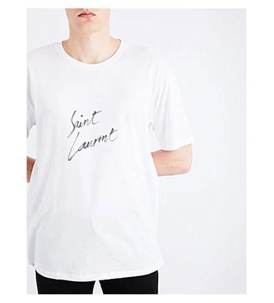 Shop Saint Laurent Script Cotton-jersey T-shirt In White