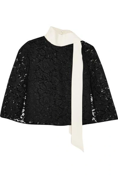 Shop Valentino Cape-effect Crepe-trimmed Corded Lace Top In Black