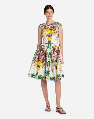 Dolce & Gabbana Floral Vase Cap-sleeve Fit & Flare Dress In White