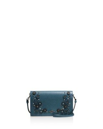 Coach Foldover Crossbody Clutch In Polished Pebble Leather With Willow Floral In Dark Antique Nickel/mineral
