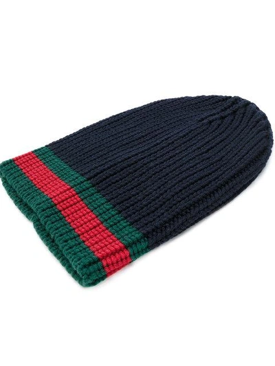Shop Gucci Gg Vintage Web Ribbed Beanie In Blue