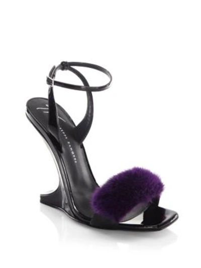 Giuseppe Zanotti Garconne 105 Mink Fur & Patent Leather Sculpted Wedge Sandals In Black