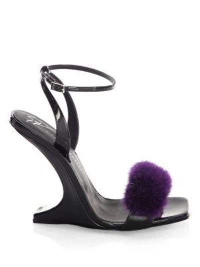 Shop Giuseppe Zanotti Garconne 105 Mink Fur & Patent Leather Sculpted Wedge Sandals In Black