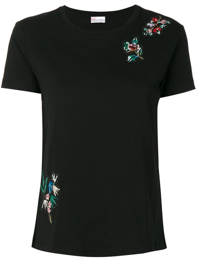 Red Valentino Cotton T-shirt W/ Embroidered Flower Patches In Black