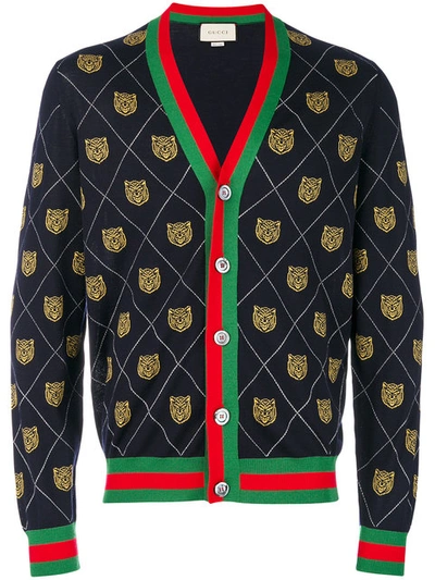 Gucci Tiger Argyle Wool Cardigan In Blue