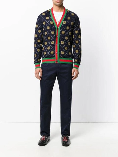 Shop Gucci Tiger Argyle Knit Cardigan - Blue